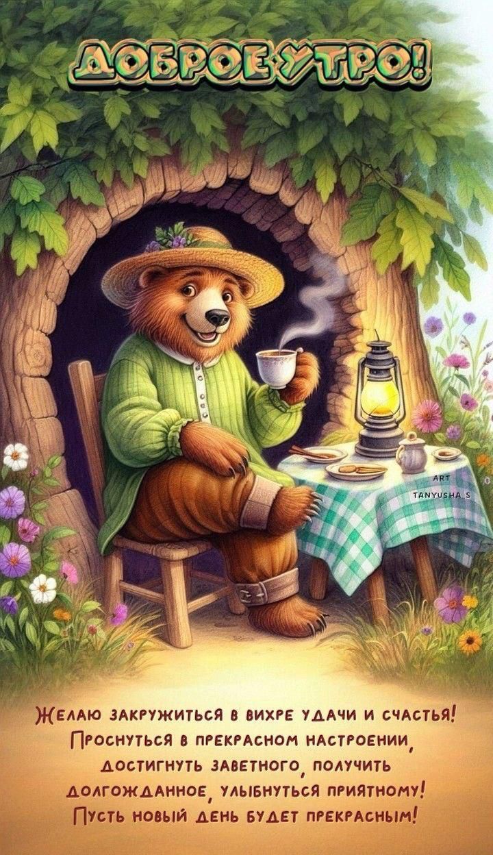 Открытка «С добрым утром»: Доброе утро: мишка, чай и прекрасные пожелания. Тэги: животное, пожелание, отличное настро…