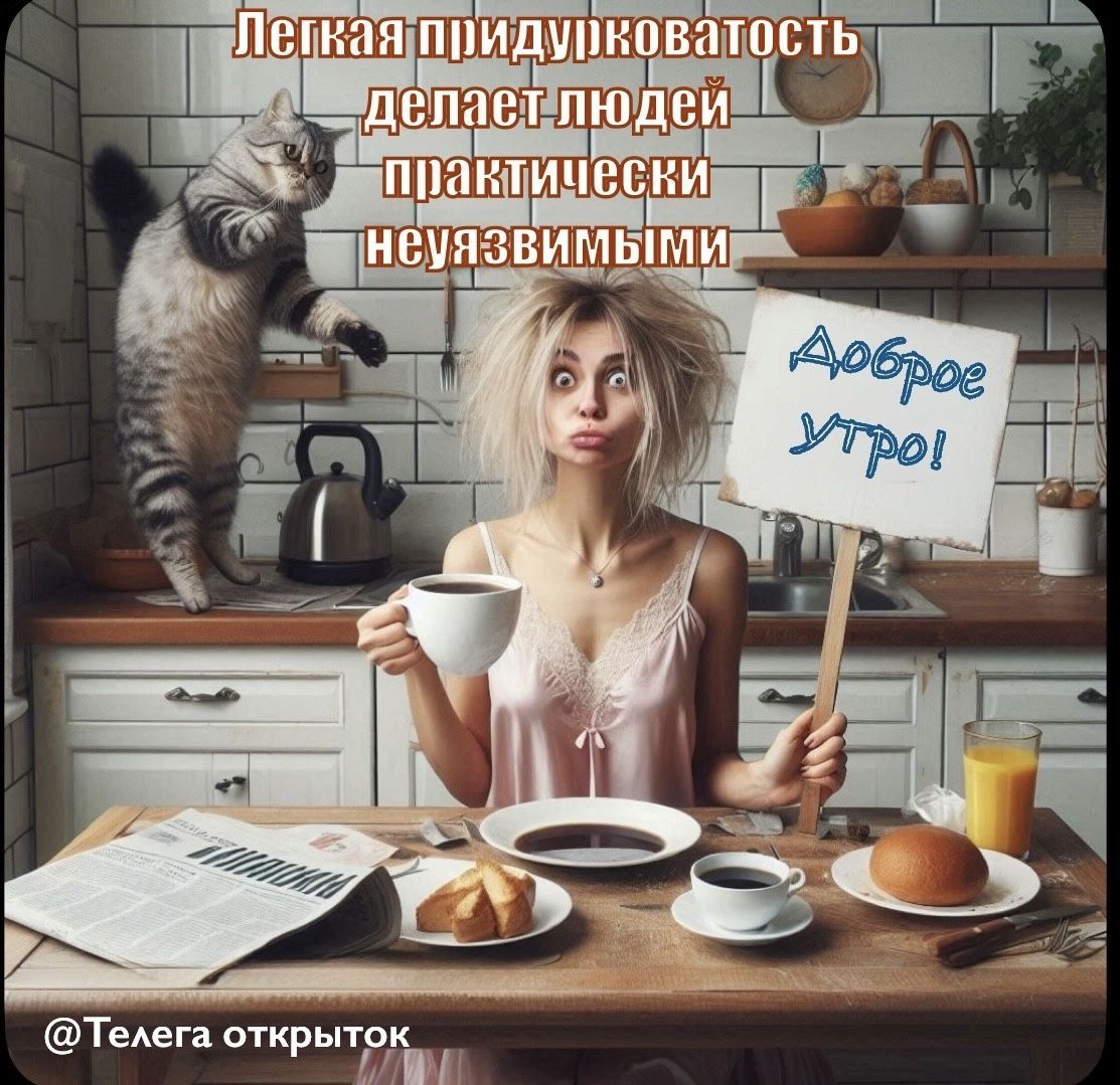 Открытка «С добрым утром»: Доброе утро с легкой придурковатостью!. Тэги: кот, пожелание, позитивная, юмор, прикольная…