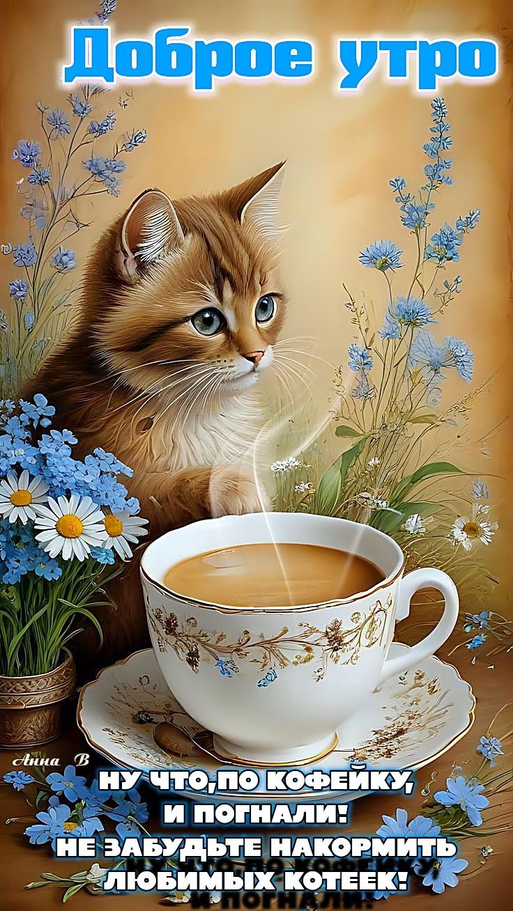 Открытка «С добрым утром»: Доброе утро: Котик, кофе и нежное пожелание. Тэги: кот, животное, пожелание, хорошего дня…