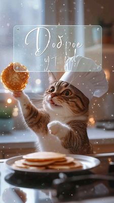 Открытка «С добрым утром»: Доброе утро! Веселый кот и вкусный завтрак!. Тэги: кот, животное, пожелание, позитивная…