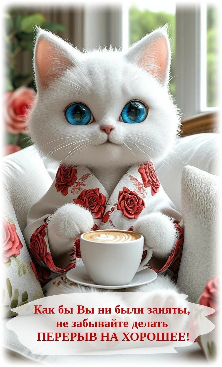 Открытка «С добрым утром»: С добрым утром! Уютный перерыв с кофе и милым котом.. Тэги: кот, животное, пожелание…