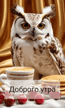 Открытка «С добрым утром»: Доброе утро: мудрая сова и уютный завтрак. Тэги: животное, пожелание, позитивная, хорошего…