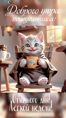 Открытка «С добрым утром»: Доброе утро понедельника! Лёгкий старт с милым котом. Тэги: кот, животное, пожелание…