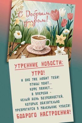 Открытка «С добрым утром»: С добрым утром: кофе, цветы и бодрого настроения!. Тэги: пожелание, позитивная, отличное н…
