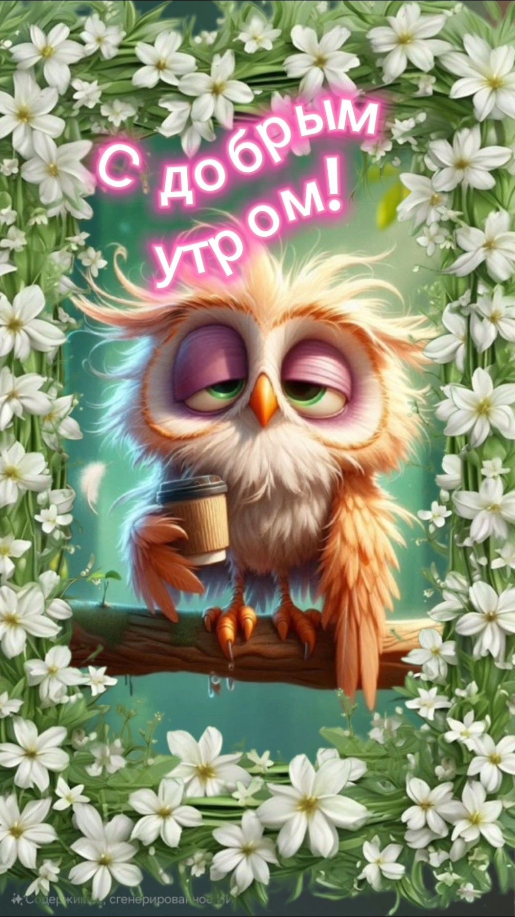 Открытка «С добрым утром»: Пушистая сова с кофе желает доброго утра. Тэги: животное, пожелание, отличное настроение…