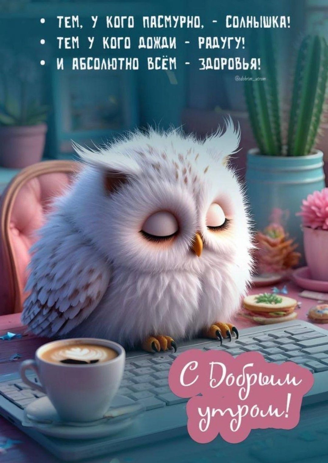 Открытка «С добрым утром»: Доброе утро: милая сова, кофе и теплые пожелания. Тэги: животное, пожелание, позитивная…