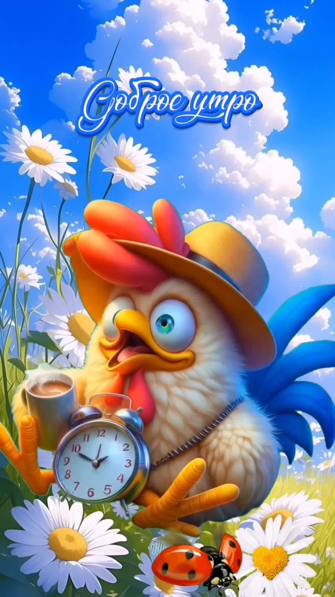 Открытка «С добрым утром»: Веселое доброе утро с петухом и кофе. Тэги: животное, пожелание, позитивная, хорошего дня…