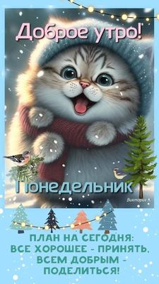 Открытка «С добрым утром»: Милый кот желает Доброго утра и Позитивного Понедельника. Тэги: кот, животное, пожелание…