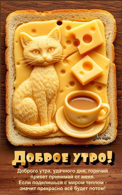 Открытка «С добрым утром»: С добрым утром! Уютный завтрак с котом из сыра. Тэги: кот, животное, пожелание, позитивная…