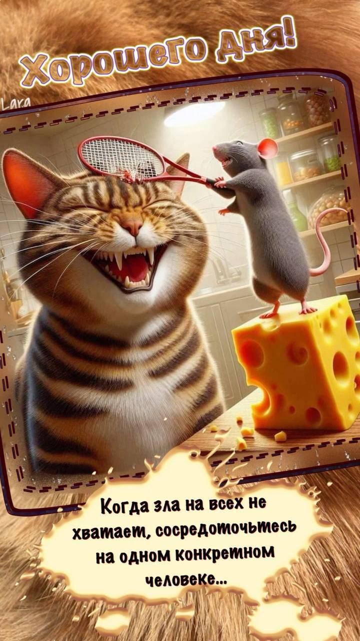 Открытка «С добрым утром»: С добрым утром! Кот, мышь и рецепт от плохого настроения. Тэги: кот, животное, пожелание…