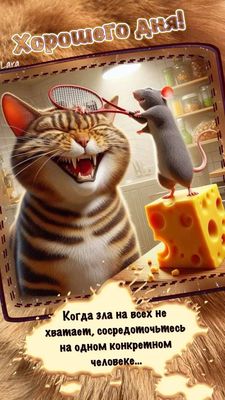 Открытка «С добрым утром»: С добрым утром! Кот, мышь и рецепт от плохого настроения. Тэги: кот, животное, пожелание…