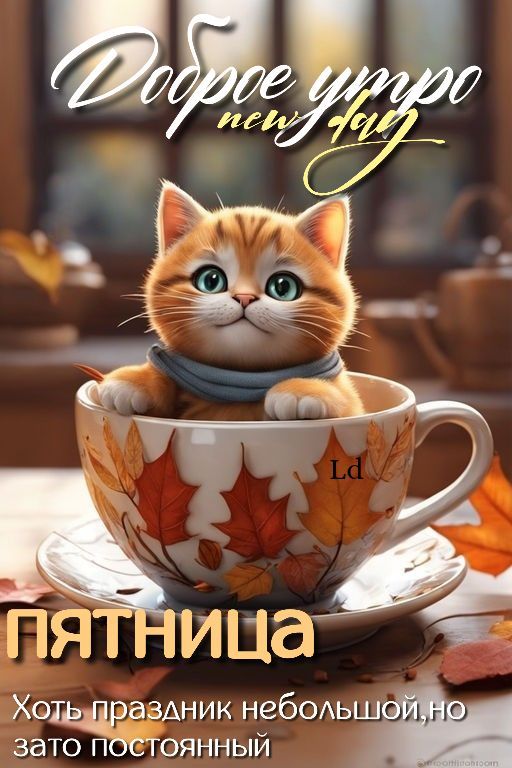 Открытка «С добрым утром»: Доброе утро пятницы! Милый котик в осенней чашке. Тэги: кот, животное, пожелание, отличное…