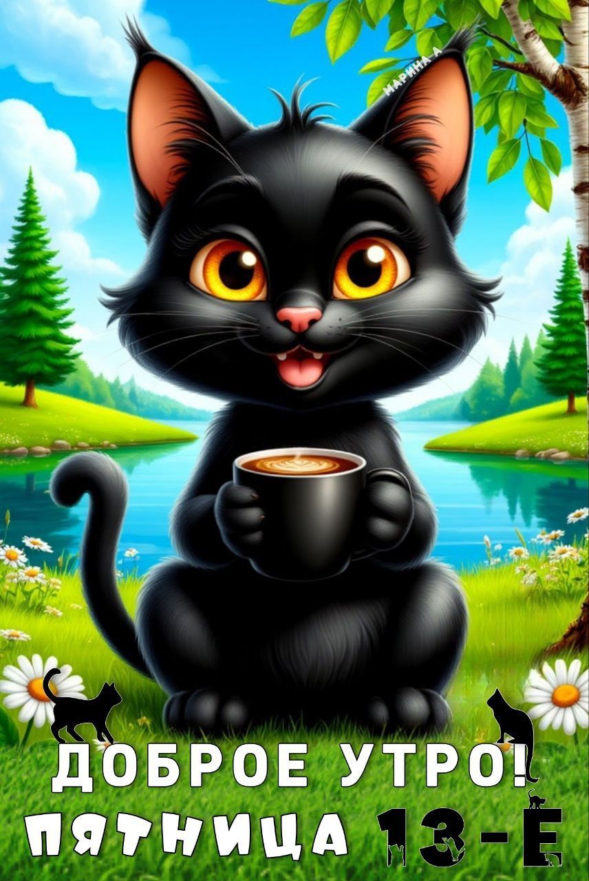 Открытка «С добрым утром»: С добрым утром в пятницу 13-е! Пушистый кот с кофе. Тэги: кот, животное, пожелание, позити…