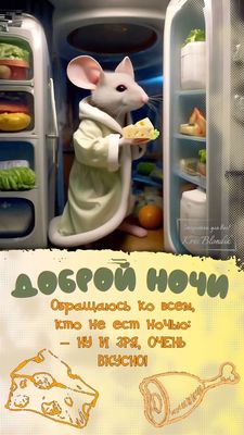 Открытка «С добрым утром»: Доброй ночи! Мышонок и сыр ждут у холодильника. Тэги: животное, пожелание, позитивная, юмор…