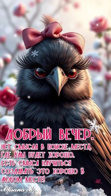Открытка «С добрым утром»: Добрый вечер с доброй мыслью и милой птичкой. Тэги: животное, пожелание, красивая, позитив…