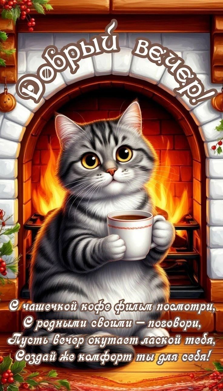 Открытка «С добрым утром»: Добрый вечер: уют, кот, кофе и тепло камина. Тэги: кот, животное, пожелание, позитивная…
