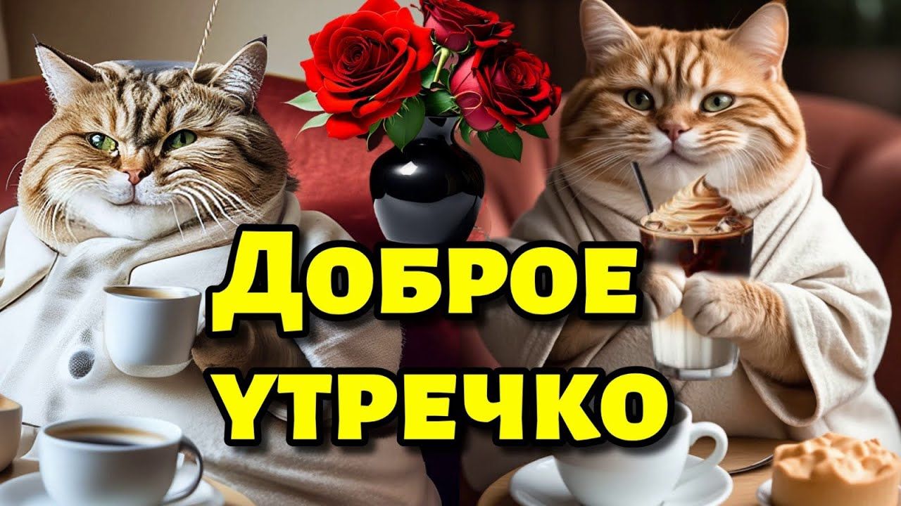 Открытка «С добрым утром»: Уютное Доброе Утречко с котиками и кофе. Тэги: кот, животное, пожелание, позитивная, юмор…