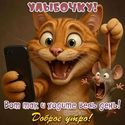 Открытка «С добрым утром»: Доброе утро! Улыбочку и позитив на весь день!. Тэги: кот, животное, пожелание, хорошего дня…