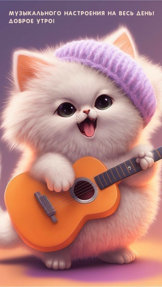 Открытка «С добрым утром»: Музыкальное доброе утро от пушистого котика. Тэги: кот, животное, гитара, пожелание…