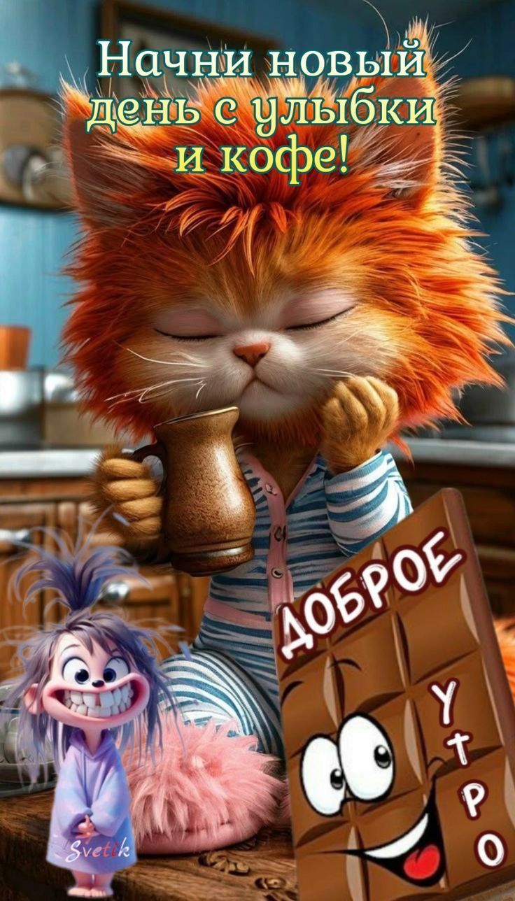 Открытка «С добрым утром»: Начни день с улыбки, кофе и милого кота!. Тэги: кот, животное, пожелание, позитивная…