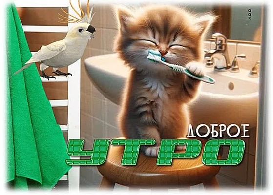 Открытка «С добрым утром»: Доброе утро: котёнок чистит зубки!. Тэги: кот, животное, пожелание, отличное настроение…