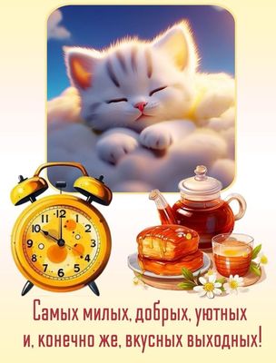 Открытка «С добрым утром»: С добрым утром и самых вкусных выходных!. Тэги: кот, животное, пожелание, утро, цветок, чай…