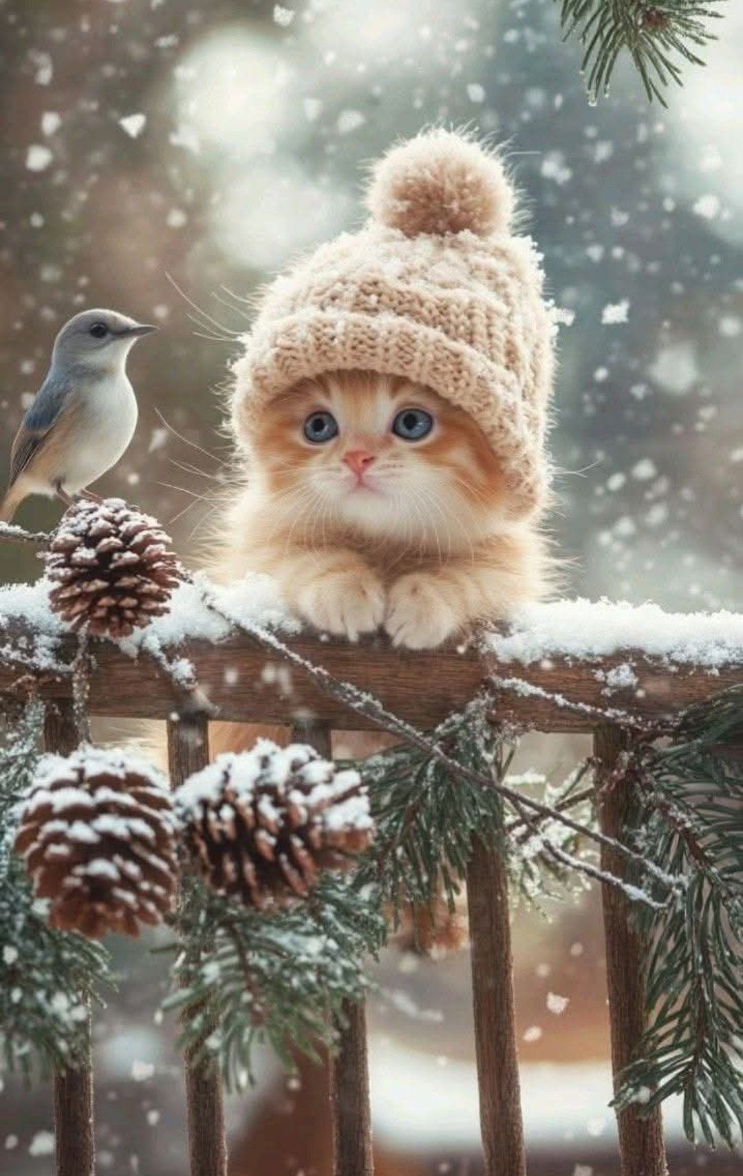 Открытка «С добрым утром»: С добрым утром: милый котёнок в зимней шапке. Тэги: кот, животное, пожелание, позитивная…