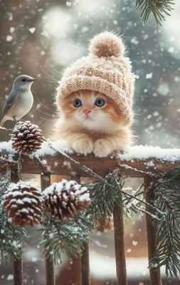 Открытка «С добрым утром»: С добрым утром: милый котёнок в зимней шапке. Тэги: кот, животное, пожелание, позитивная…