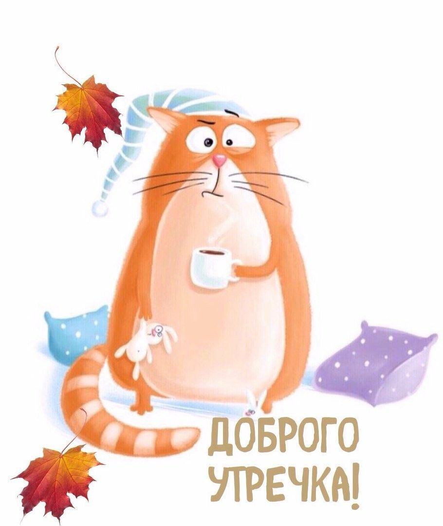 Открытка «С добрым утром»: Осеннее доброе утречко с милым котом и кофе. Тэги: кот, животное, пожелание, позитивная…