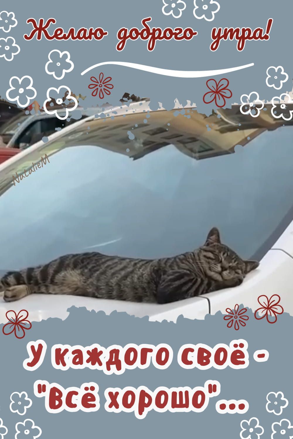 Открытка «С добрым утром»: С добрым утром! Пусть будет всё хорошо, как у кота. Тэги: кот, животное, пожелание, позити…