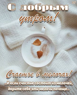 Открытка «С добрым утром»: Доброе утро: тепло, уют и счастье в мелочах. Тэги: пожелание, позитивная, хорошего дня…