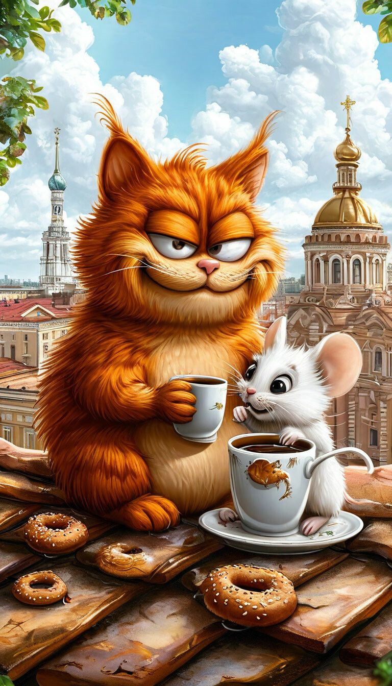 Открытка «С добрым утром»: Доброе утро: кофе, пончики и пушистые друзья. Тэги: кот, животное, пожелание, позитивная…