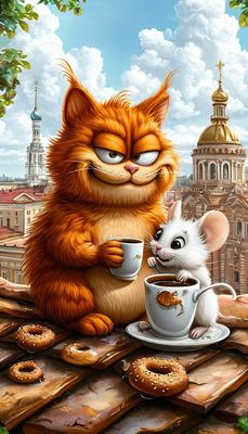 Открытка «С добрым утром»: Доброе утро: кофе, пончики и пушистые друзья. Тэги: кот, животное, пожелание, позитивная…