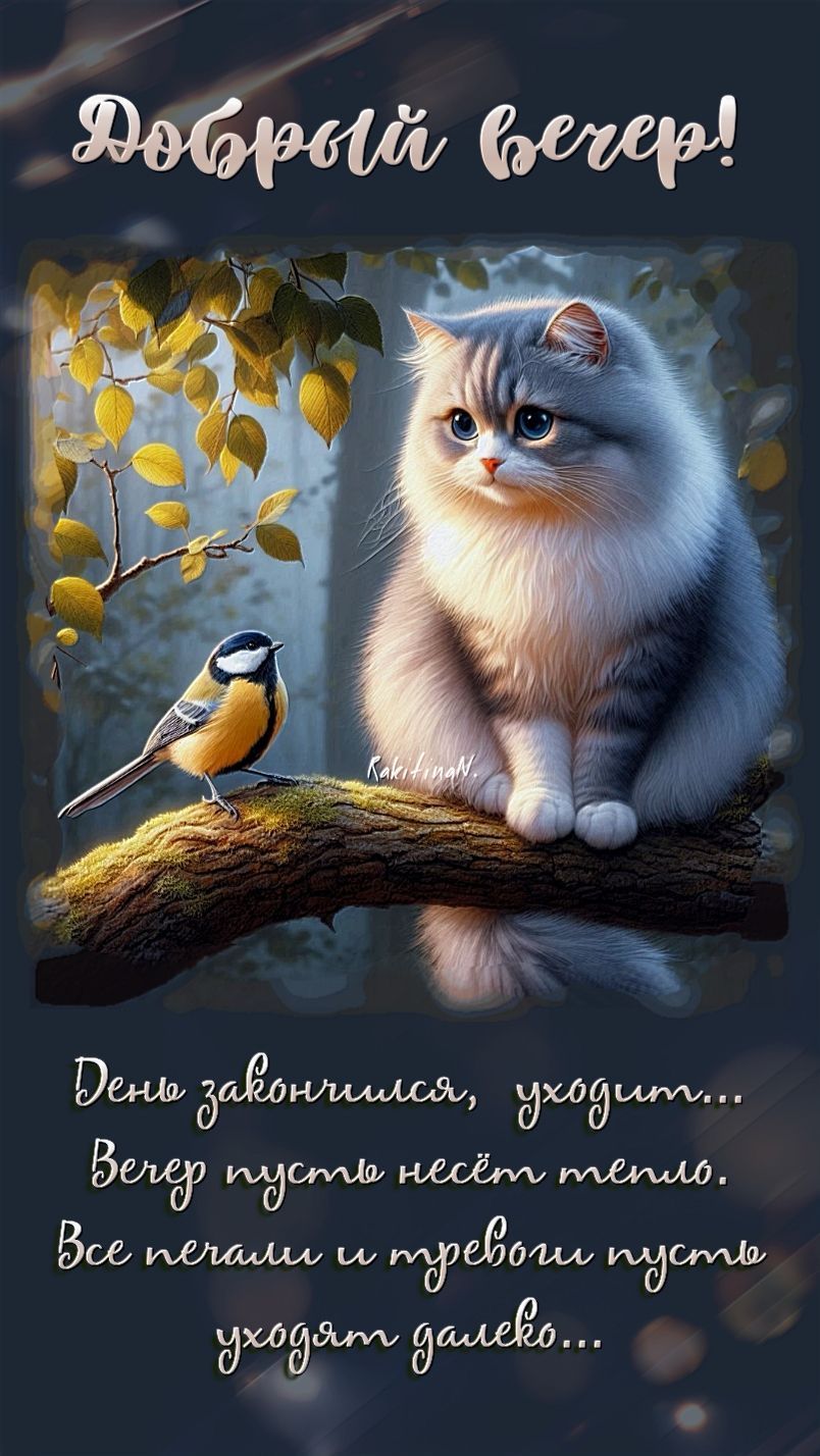 Открытка «С добрым утром»: С добрым утром: нежный кот, птица и тепло осени. Тэги: кот, животное, пожелание, позитивная…