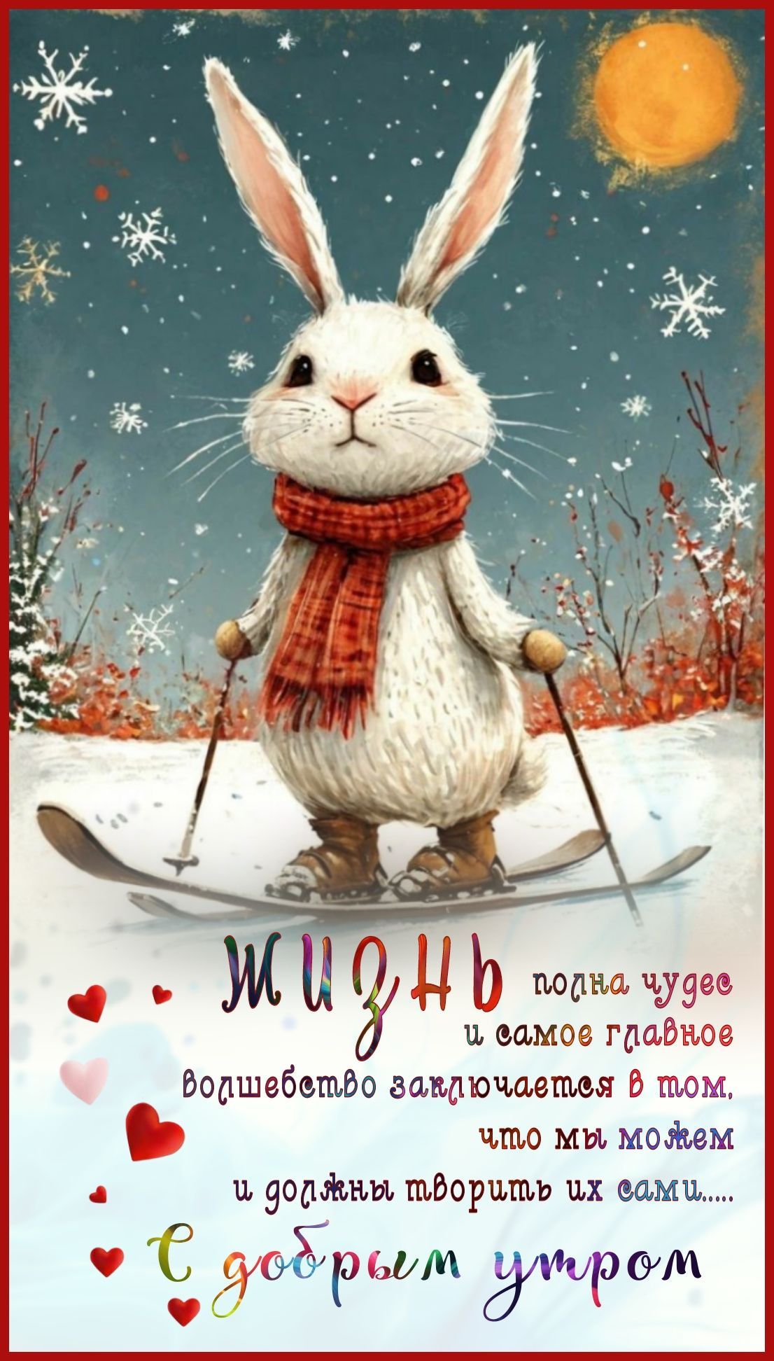 Открытка «С добрым утром»: Доброе утро с милым зайцем на лыжах и волшебством. Тэги: животное, пожелание, отличное нас…