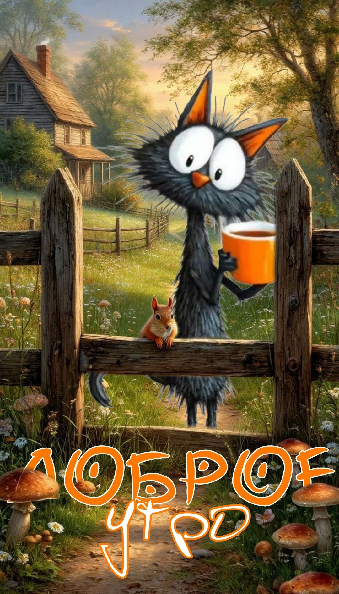 Открытка «С добрым утром»: Доброе утро: кот, белка и ароматный кофе. Тэги: кот, животное, пожелание, позитивная, юмор…