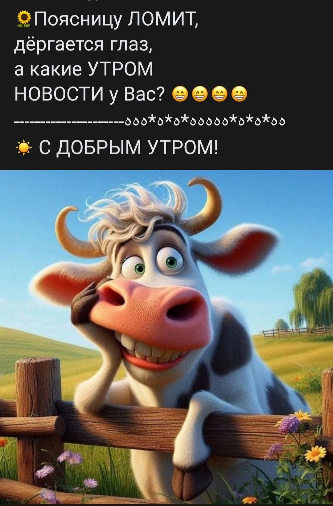 Открытка «С добрым утром»: С добрым утром! Веселая корова и утренние новости. Тэги: животное, пожелание, позитивная…