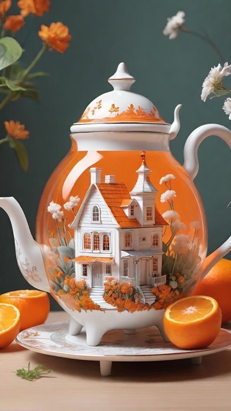 Открытка «С добрым утром»: Волшебное утро: чайник с домиком и апельсинами. Тэги: пожелание, позитивная, утро, красивая…