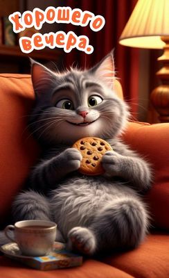 Открытка «С добрым утром»: Хорошего вечера! Уют с милым котом и печеньем. Тэги: кот, животное, пожелание, позитивная…