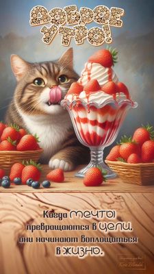 Открытка «С добрым утром»: Доброе утро: Мечты сбываются с клубникой и котом!. Тэги: кот, животное, пожелание, позитив…