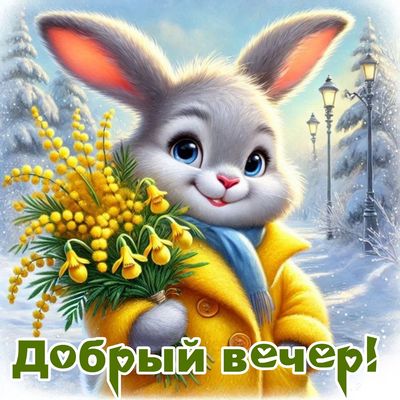 Открытка «С добрым утром»: Добрый вечер с милым зайчиком и весенней мимозой. Тэги: животное, пожелание, отличное наст…