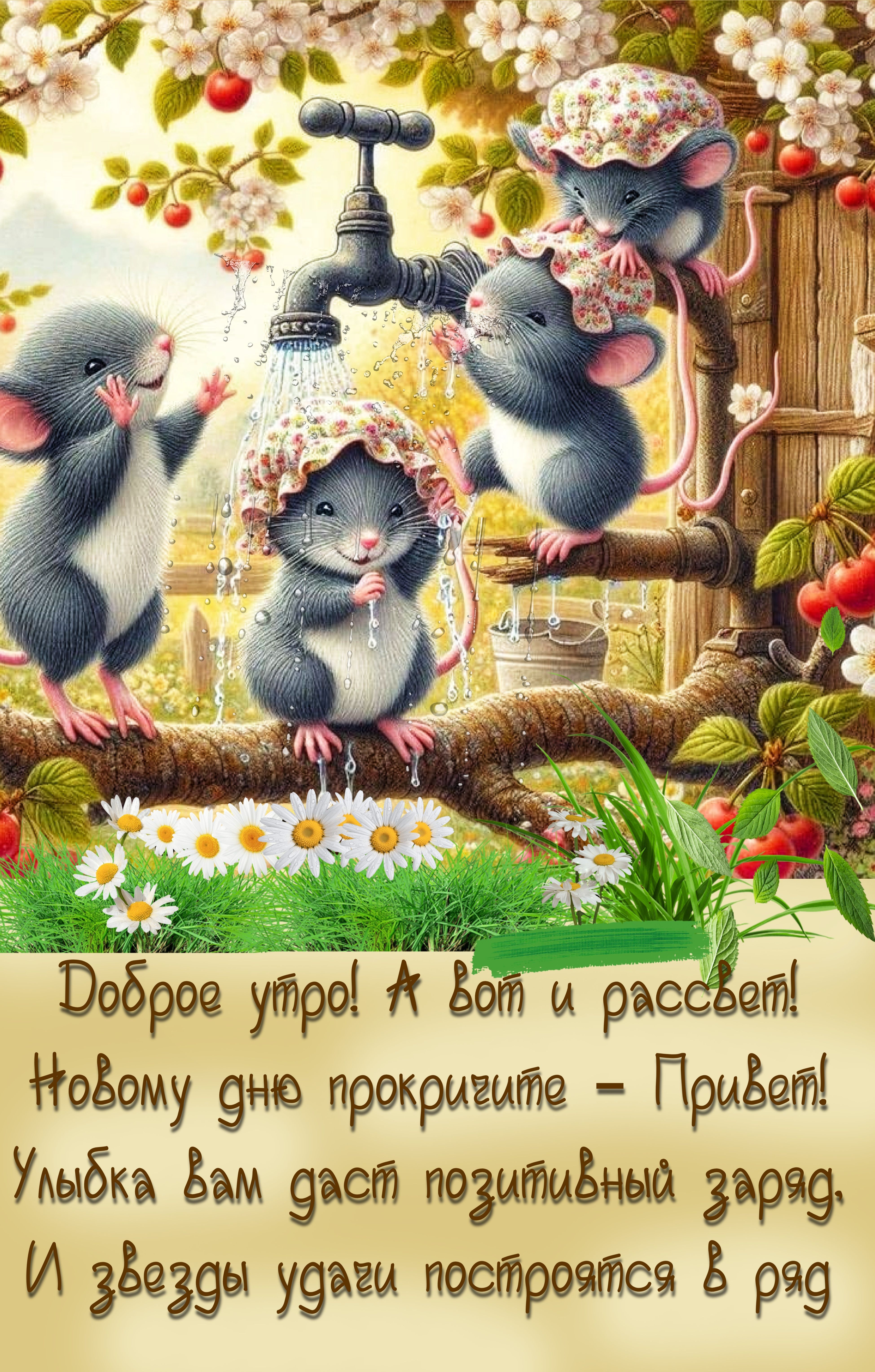 Открытка «С добрым утром»: С добрым утром: веселые мышата и весенний рассвет. Тэги: животное, пожелание, улыбка, утро…