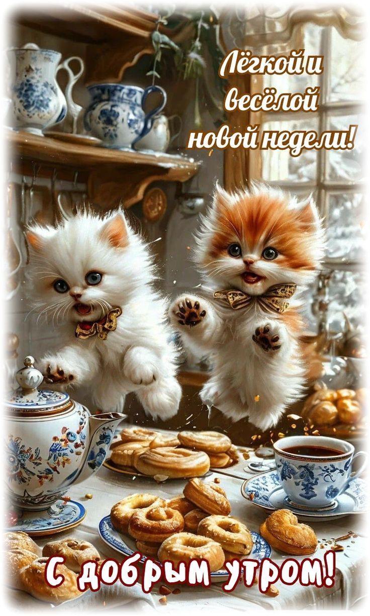 Открытка «С добрым утром»: Пушистое доброе утро и весёлой новой недели!. Тэги: кот, животное, пожелание, отличное нас…