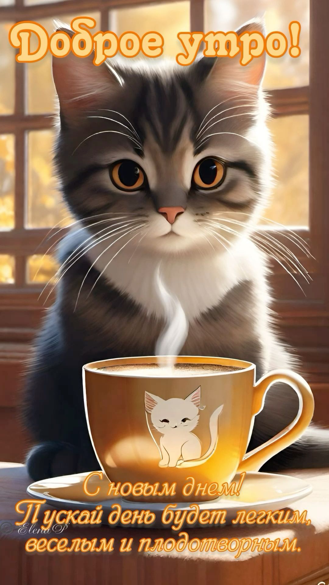 Открытка «С добрым утром»: Доброе утро: пушистый кот и ароматный кофе. Тэги: кот, животное, пожелание, позитивная…