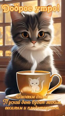 Открытка «С добрым утром»: Доброе утро: пушистый кот и ароматный кофе. Тэги: кот, животное, пожелание, позитивная…