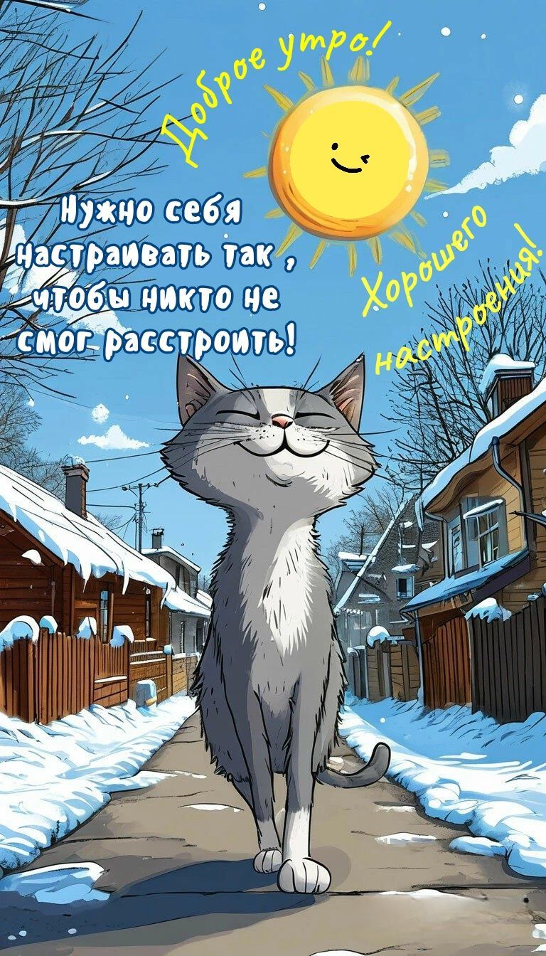 Открытка «С добрым утром»: Зимнее доброе утро с котом и позитивным настроением!. Тэги: кот, животное, пожелание…