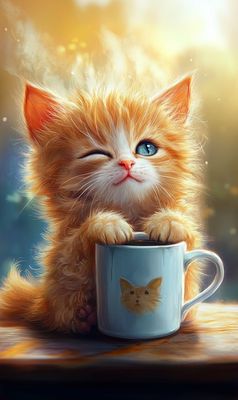 Открытка «С добрым утром»: С добрым утром! Нежный котик с чашкой кофе. Тэги: кот, животное, пожелание, позитивная…