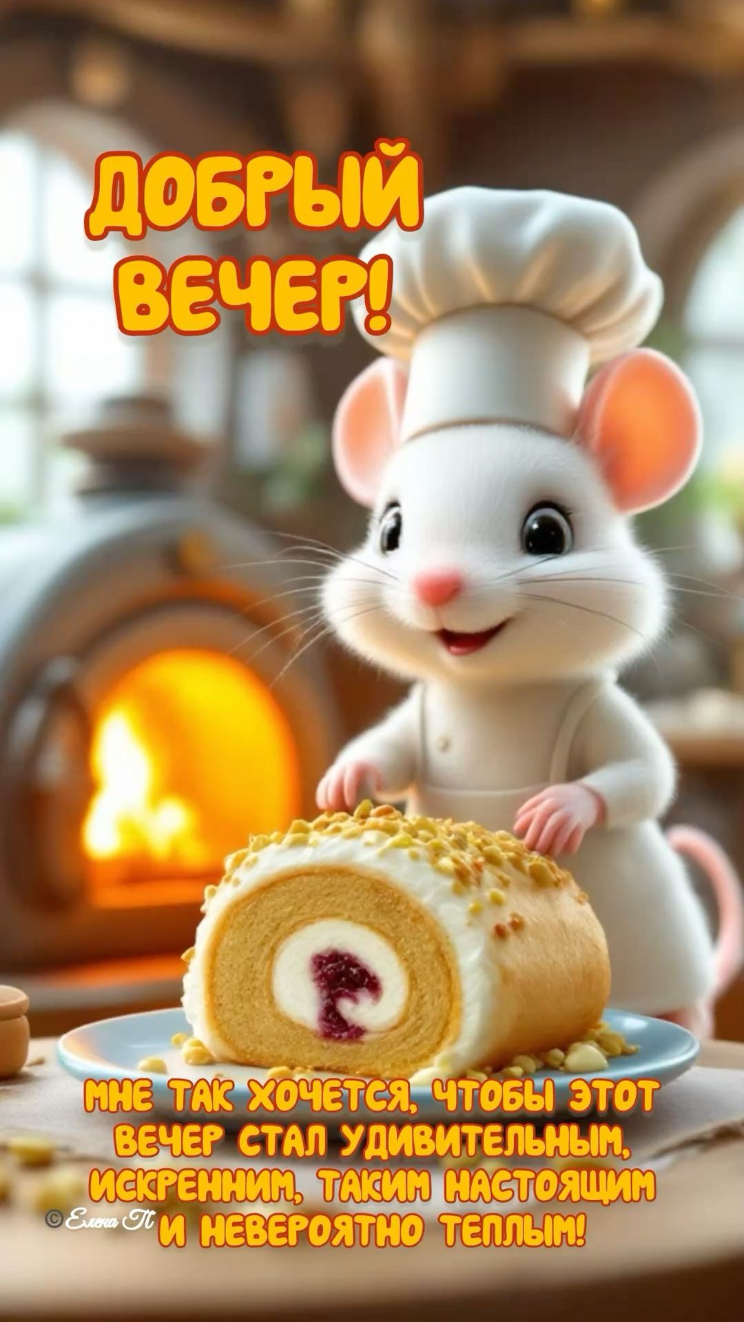 Открытка «С добрым утром»: Добрый вечер! Уют и тепло с поваренком и рулетом. Тэги: животное, пожелание, позитивная…