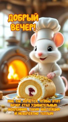 Открытка «С добрым утром»: Добрый вечер! Уют и тепло с поваренком и рулетом. Тэги: животное, пожелание, позитивная…