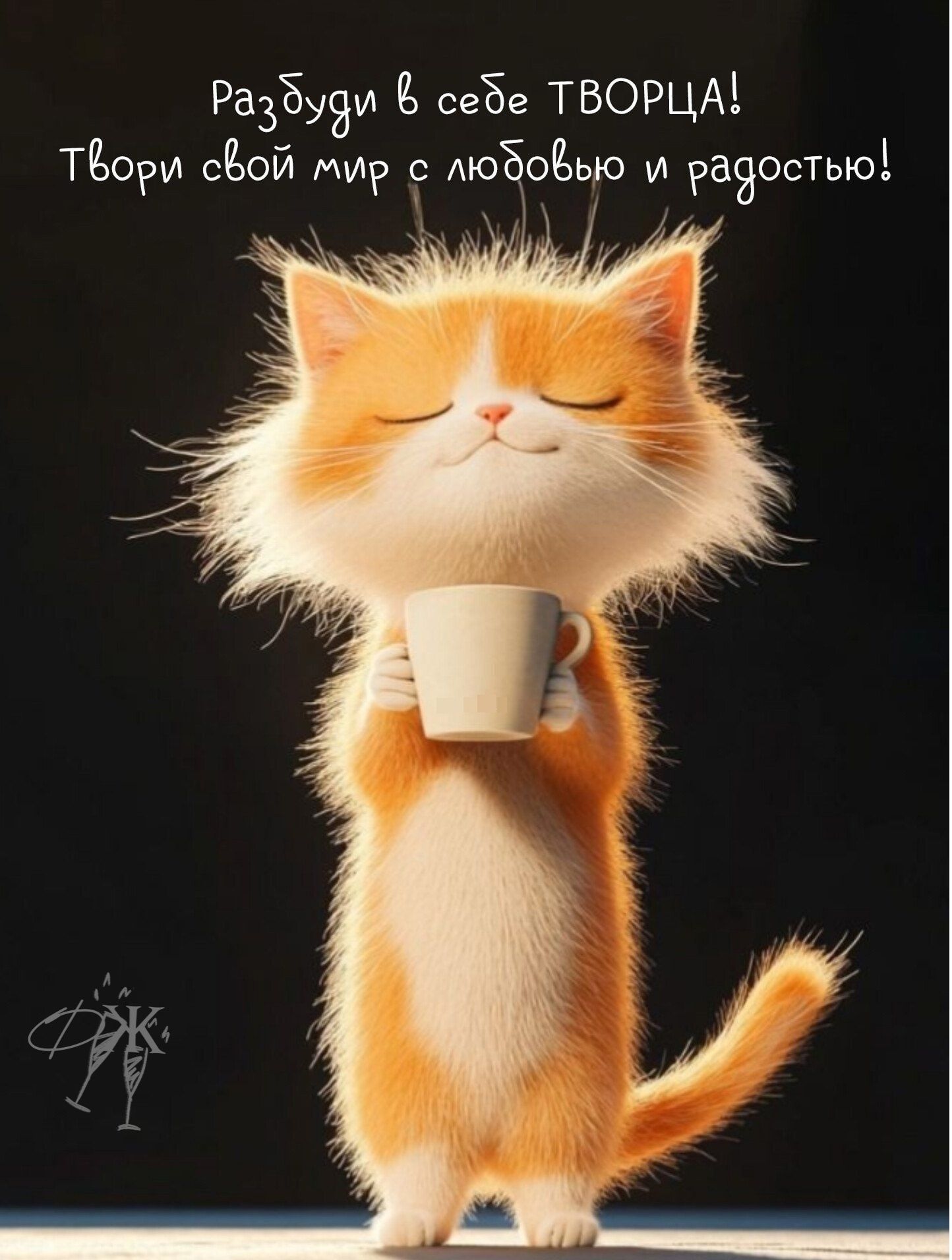 Открытка «С добрым утром»: Доброе утро: твори свой мир с любовью и радостью!. Тэги: кот, животное, пожелание, позитив…